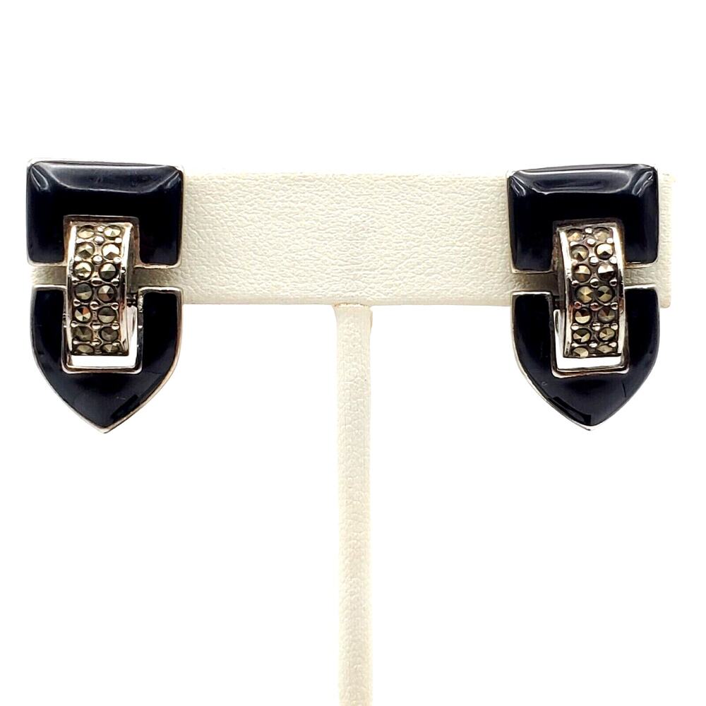Monet Marcasite Clip Earrings Black Enamel Silver Tone Deco Style Drop Vintage
